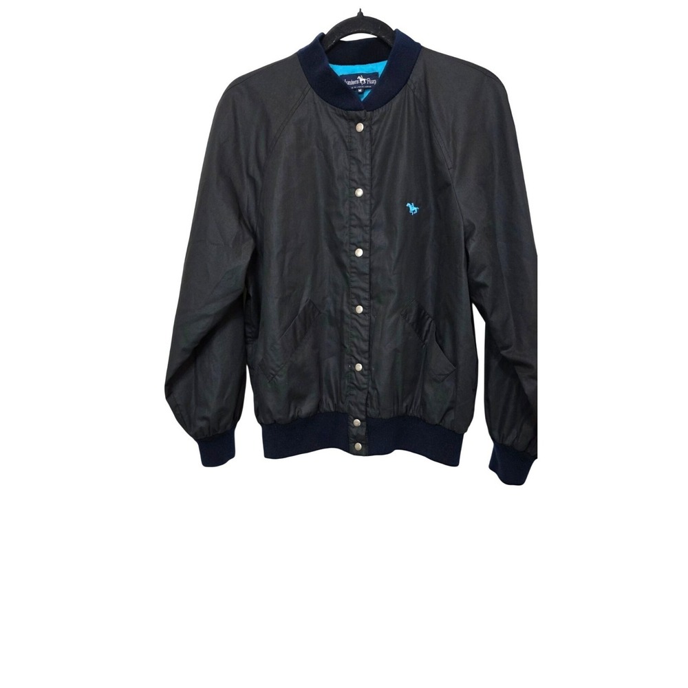 Hunters Run Men's Grunge Bomber Jacket Black Blue Lining Snap Button Front Size